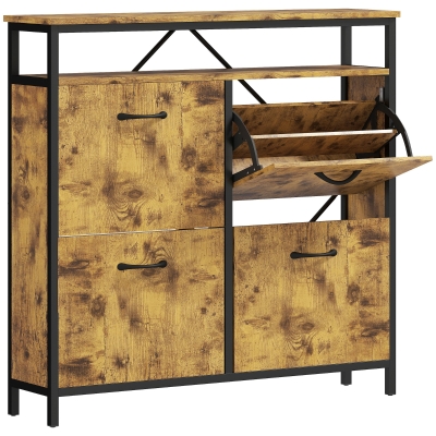 HOMCOM Schoenenkast met 4 kleppen, smal ontwerp, open vak, voor 12-20 paar schoenen, staal, bruin