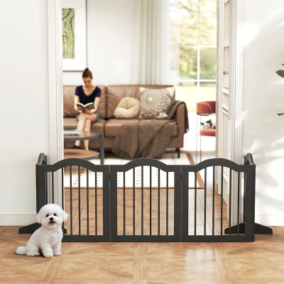 PawHut Wooden Foldable Dog Gate Freestanding Pet Barrier Black