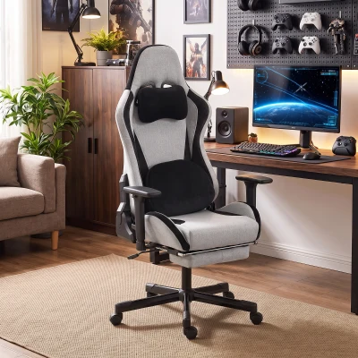 HOMCOM Silla Gaming Ergonómica con Masaje Calefactable Reposapiés y Tapizado de Tela Gris