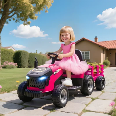 AIYAPLAY 12V Ride-On Tractor with Trailer Remote Pink