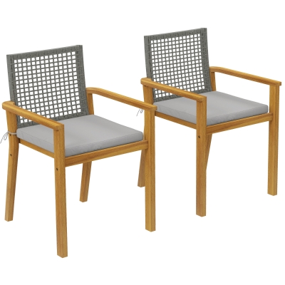 Outsunny Gartenstühle 2er Set FSC Akazienholz Stapelbar Holzstühle mit Rattan-Rückenlehne abnehmbaren Kissen Armlehne