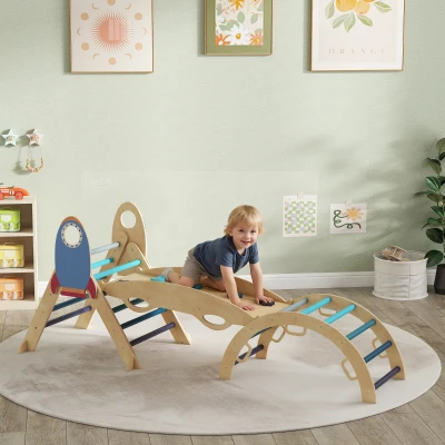 AIYAPLAY Triângulo de Escalada Montessori 7 em 1 Estrutura de Escalada de Madeira Tema de Foguete Azul