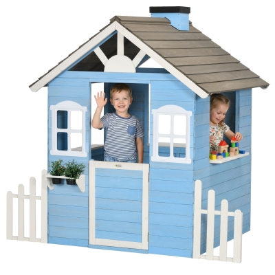 Outsunny Casita Infantil de Madera Casa de Juegos Exterior para Niños de 3-7 Años 51x112,5x142 cm Azul