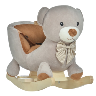 HOMCOM Caballito Balancín Infantil en Forma de Osito de Felpa para Bebés 18-36 Meses con Sonido y Cinturón 60x33x50 cm Gris