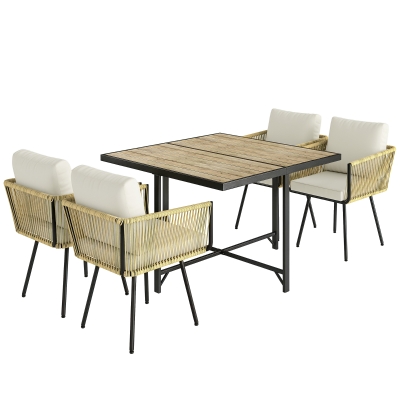 Outsunny Conjunto de Mesa y Sillas Jardín de Ratán 5 Piezas con Mesa de Plástico-Madera 4 Sillas con Cojines Extraíbles Beige