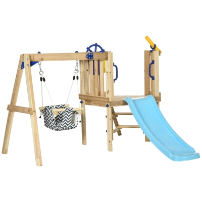 AIYAPLAY Columpio y Tobogán Infantil Exterior de Madera con Volante Telescopio para Niños de 18-48 Meses Madera Natural