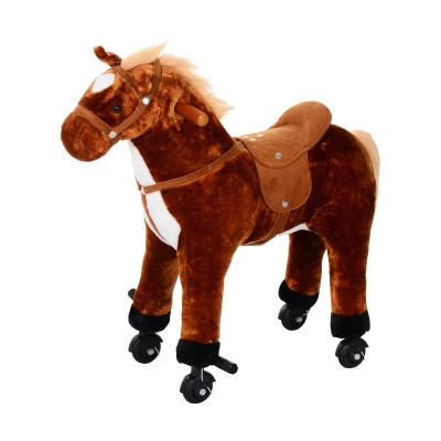 HOMCOM Caballo de Juguete para Niños de +2 Años con Ruedas Sonidos y Estructura de Metal Carga 60kg 65x28x75 cm Marrón