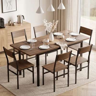 HOMCOM Conjunto Mesa de Comedor Extensible 120-160 cm y 6 Sillas para 4-6 Personas Marrón Efecto Madera