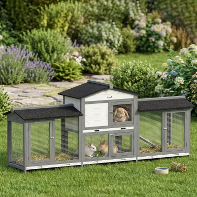 PawHut 2-Tier Rabbit Hutch Outdoor Plastic Tray Ramp 230cm Grey