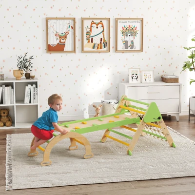AIYAPLAY 8-in-1 Montessori klimrek voor binnen houten klimdriehoek met klimboog, dubbelzijdige glijbaan, Groen