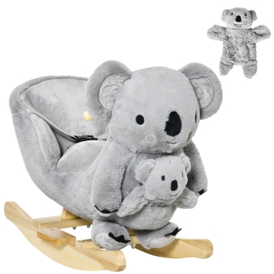 HOMCOM Caballito Balancín Infantil en Forma de Koala con Títere para Bebés 18-36 Meses con Sonido Cinturón de Seguridad y Reposapiés 60x33x50 cm Gris
