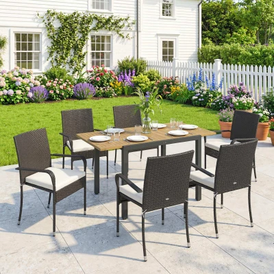 Outsunny Conjunto de Mesa y Sillas Jardín de Ratán 7 Piezas con Mesa Extensible con Tablero Madera y 6 Sillas Apilables Cojines