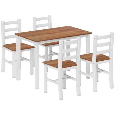 HOMCOM Eetset met eettafel en 4 stoelen, eetkamerset van grenenhout, bruin+wit