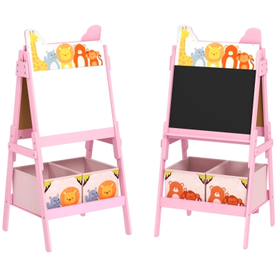 AIYAPLAY Pizarra Infantil de Doble Cara con 2 Cajas de Tela Caballete de Pintura para Niños con Estampado de Animales Rosa