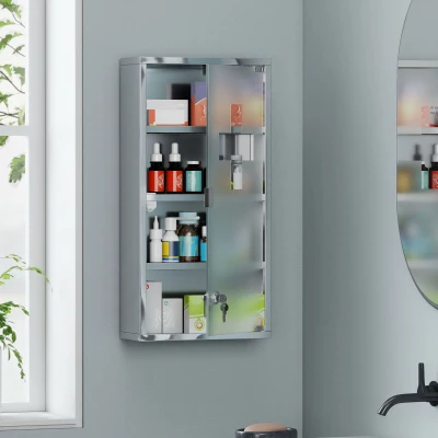 HOMCOM Medicijnkastje medicijnkastje EHBO met slot RVS 30 x 12 x 60 cm