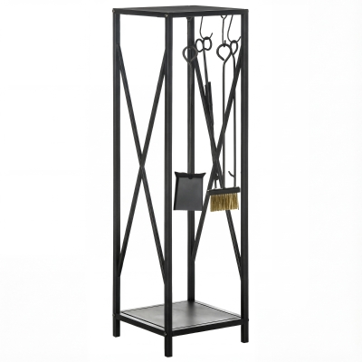 Outsunny Porte-Bûches Métal Noir 34x34x111 cm avec Accessoires