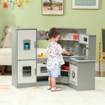 AIYAPLAY Cozinha de Madeira para Crianças com Sons Forno Lavatório Micro-Ondas Máquina de Gelo e Acessórios 110x80x91 cm Cinza