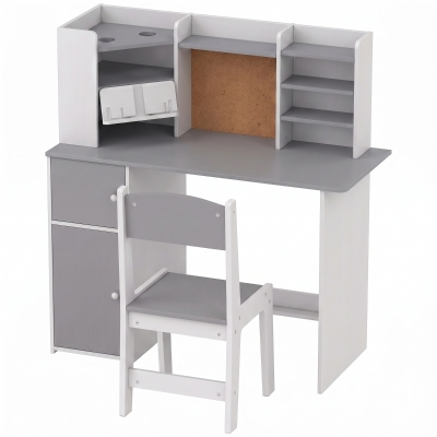 AIYAPLAY Escritorio Infantil con Silla Soporte de Tableta Ajustable Portalápices Panel de Corcho 5-12 Años Gris