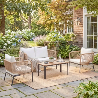 Outsunny Conjunto Jardín Exterior de 4 Piezas con Sofá 2 Sillones y Mesa WPC Ratán PE Tipo Cuerda Cojines Acolchados Blanco