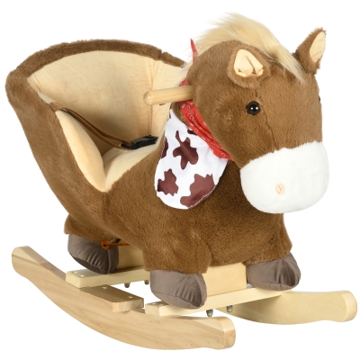 HOMCOM Caballo Balancín Infantil con Sonidos de Animal Cinturón de Seguridad Manillar y Reposapiés Carga 40 kg 60x33x50 cm Café