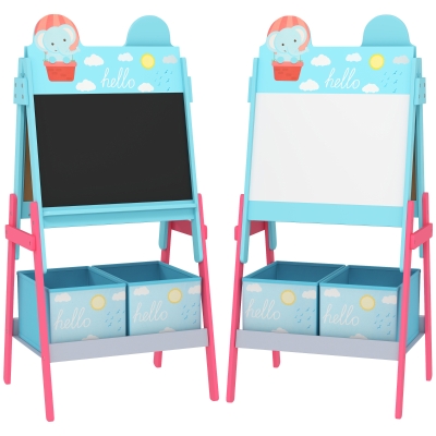 AIYAPLAY Pizarra Infantil de Doble Cara con 2 Cajas de Tela Caballete de Pintura para Niños con Estampado de Animales Azul