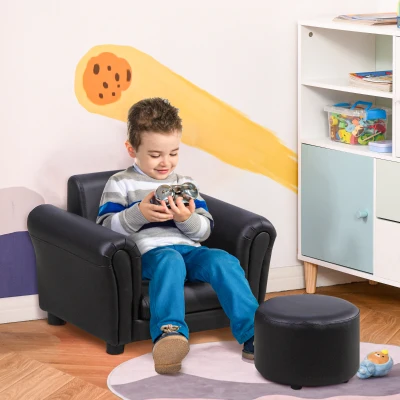 HOMCOM kinderstoel met poef, kinderbank kinderbank mini-bank voor 3-7 jaar kinderen kindermeubel hout zwart 54 x 42 x 41 cm