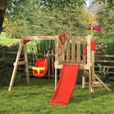 Outsunny Parque Infantil Exterior de Madeira com Baloiço Escorrega Volante Buzina Telefone para Jardim Relvado Vermelho e Madeira