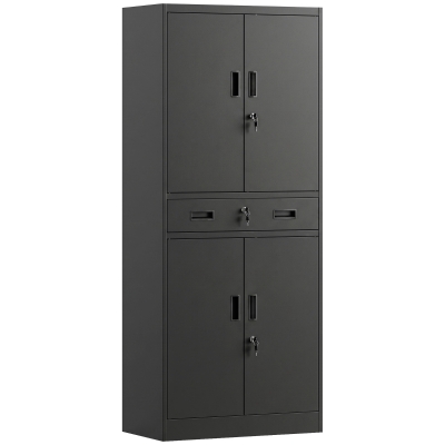 HOMCOM Metalen kast 180 cm, gereedschapskast met afsluitbare deuren, lade en verstelbare planken, zwart