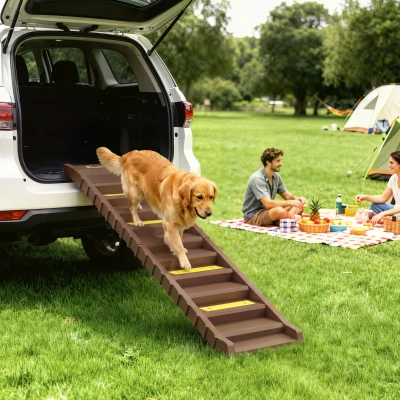 PawHut Dog Car Ramp 10-Step Anti-Slip Pet Stairs Brown