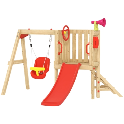 Outsunny Parque Infantil Exterior de Madera con Columpio Tobogán Volante Bocina Teléfono para Patio Césped Rojo y Natural