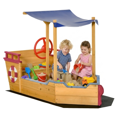 Outsunny Kids Wooden Sand Pit Pirate Ship w/ Canopy Shade