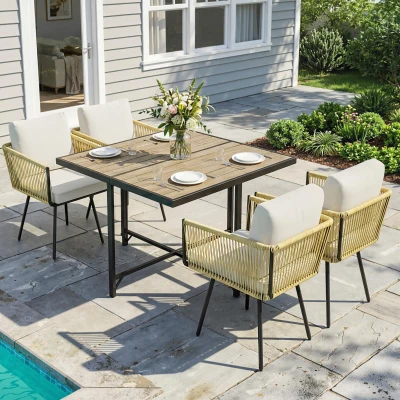 Outsunny Conjunto de Mesa y Sillas Jardín de Ratán 5 Piezas con Mesa de Plástico-Madera 4 Sillas con Cojines Extraíbles Beige