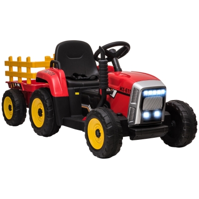 HOMCOM Battery Powered Ride On Tractor with Trailer Red