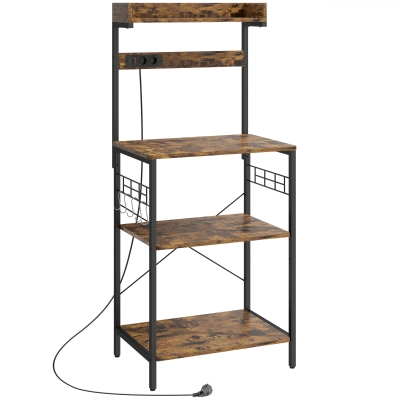HOMCOM Estante de Cozinha com 2 Tomadas Prateleira para Micro-ondas Prateleira Ajustável Ganchos 60x42x137 cm Castanho Rústico