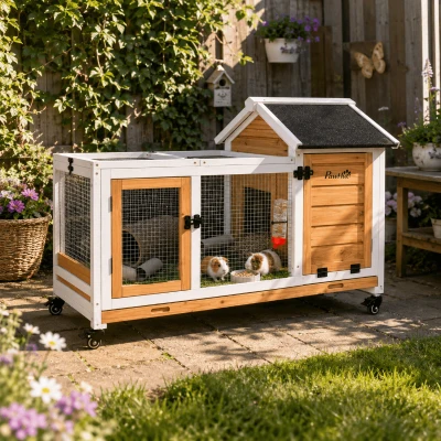 PawHut Konijnenhok voor Dwergkonijnen, Cavia's, met Wielen, 108 x 58 x 73,5 cm, Geel