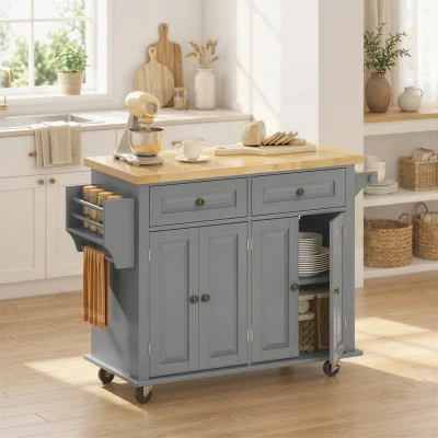 HOMCOM Ilha de Cozinha com Rodas 2 Gavetas 4 Portas Suporte para Temperos e Barra Lateral 111x44,5x82,5 cm Cinzento e Madeira