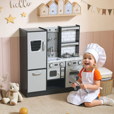 AIYAPLAY Cozinha de Madeira com Som Cozinha de Brincar Infantil com Acessórios em Aço Inoxidável Frigorífico Micro-Ondas, Lava-Loiça 81x27x79,7 cm Castanho Escuro