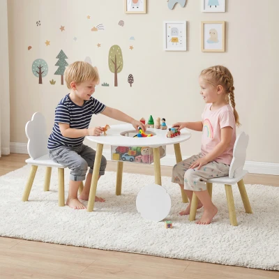 AIYAPLAY Mesa Infantil com 2 Cadeiras e Saco de Rede Tema Nuvem para Crianças dos 3 aos 6 Anos Creche Sala de Aula Branco