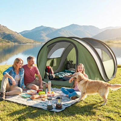 Outsunny Pop Up Zelt 4 Personen Tunnelzelt mit Schlafzimmer 2 Türen 2 Mesh-Fenstern Abnehmbarer Überzug Bodenplane, wasserdicht
