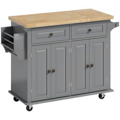 HOMCOM Ilha de Cozinha com Rodas 2 Gavetas 4 Portas Suporte para Temperos e Barra Lateral 111x44,5x82,5 cm Cinzento e Madeira