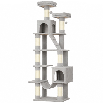 PawHut Arranhador para Gatos 204 cm Multinível com 2 Tocas, Rede, 2 Camas, Postes de Sisal e Escada, Cinzento-claro