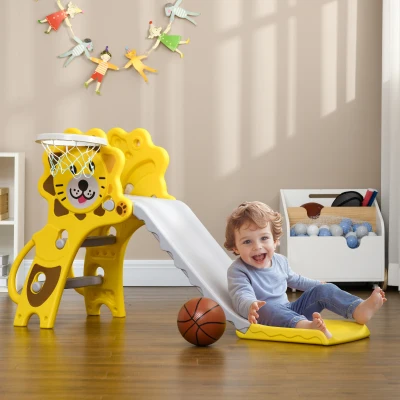 AIYAPLAY Escorrega para Crianças 2 em 1 com 2 Degraus Cesta de basquetebol e Desenho de Leão para Interior 131x50x74 cm Amarelo e Cinza