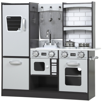 AIYAPLAY Cozinha de Madeira com Som Cozinha de Brincar Infantil com Acessórios em Aço Inoxidável Frigorífico Micro-Ondas, Lava-Loiça 81x27x79,7 cm Castanho Escuro