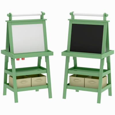 AIYAPLAY Cavalete de Pintura Infantil 3 em 1 Quadro Dupla Face com Rolo de Papel e Cestos de Arrumação Verde