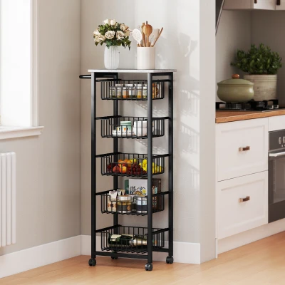 HOMCOM Mobile Kitchen Island 5 Baskets with Brakes Grey/Black