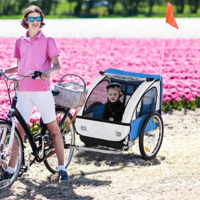 HOMCOM 2-Seat Bike Trailer Steel Blue White 130x76cm