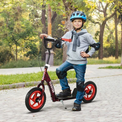 AIYAPLAY Kinderroller, höhenverstellbarer Tretroller für Kinder, mit Bremse, Ständer, 2 Räder, 50 kg Belastbarkeit, Stahl, Kunststoff, Rot
