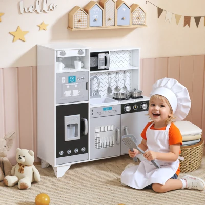 AIYAPLAY Cozinha de Madeira com Som Acessórios em Aço Inoxidável Micro-Ondas, Máquina de Gelo Cafeteira, Máquina de Lavar Loiça 79,5x24x83,8 cm Branco