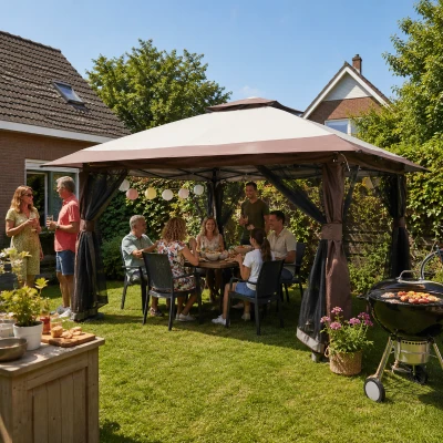 Outsunny Opvouwbare paviljoen, verstelbare hoogte, 4 netwanden, ventilatiedak, draagtas, snelle montage, 4 x 4 x 3 m, beige