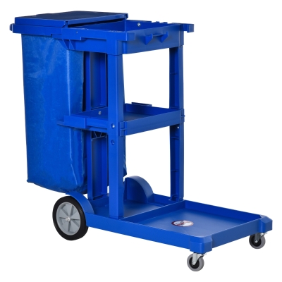 HOMCOM Janitor Cleaning Trolley Blue with Bin & Shelves